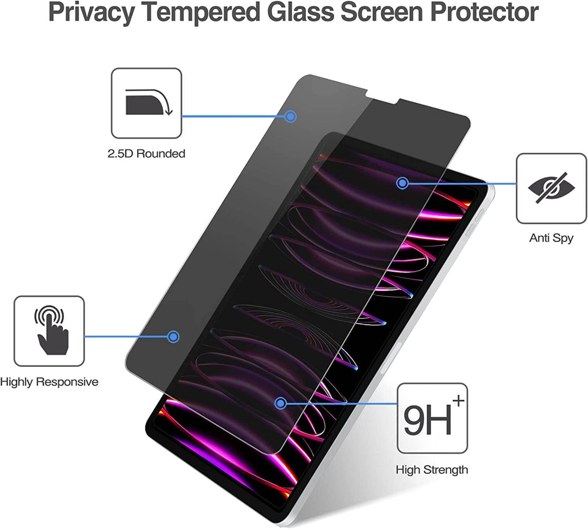 Tempered glass privacy screen protector with 2.5D rounded edges and 9H strength