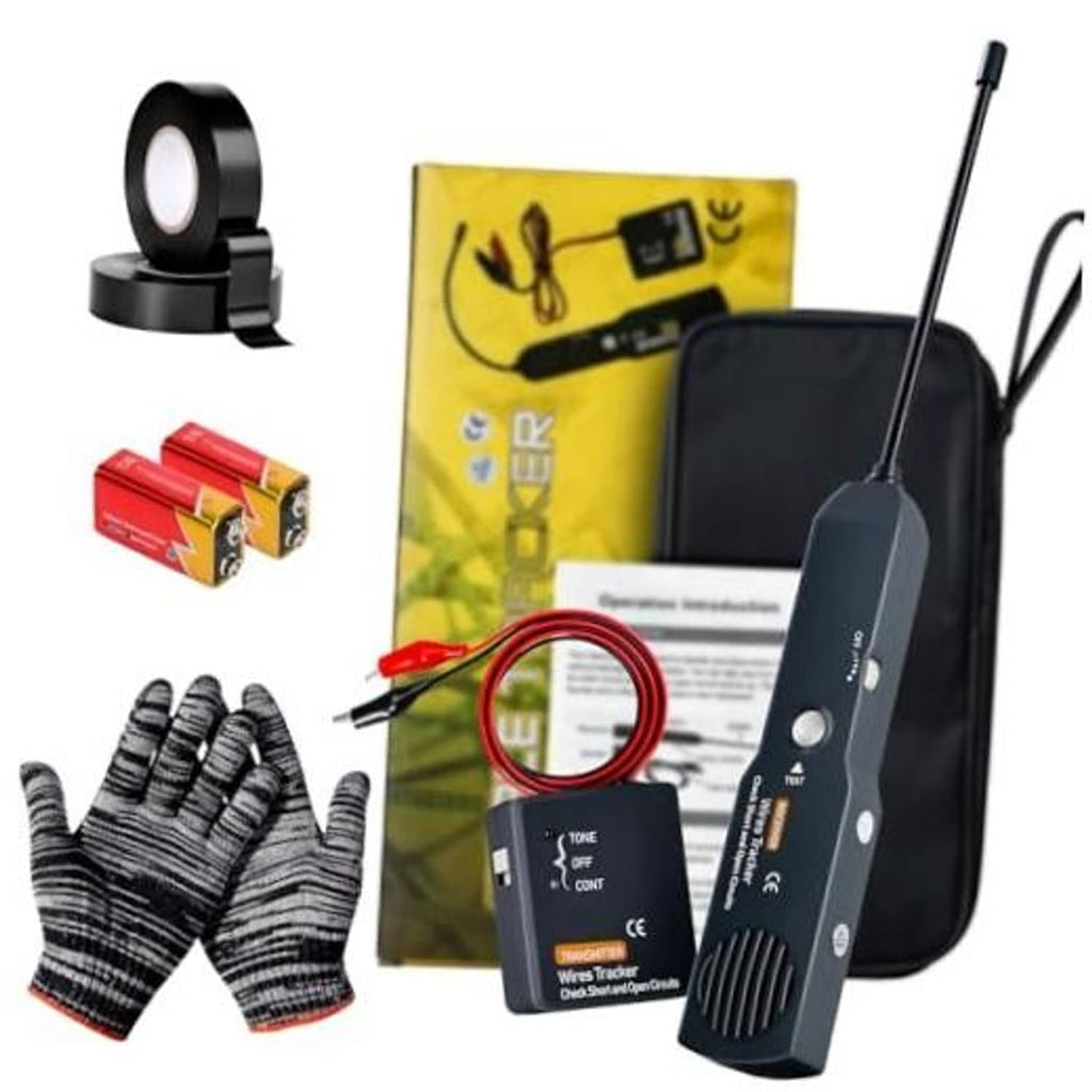 Wire tracer sender and receiver set with probe rod, test leads, gloves, and tape