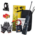 Wire tracer sender and receiver set with probe rod, test leads, gloves, and tape