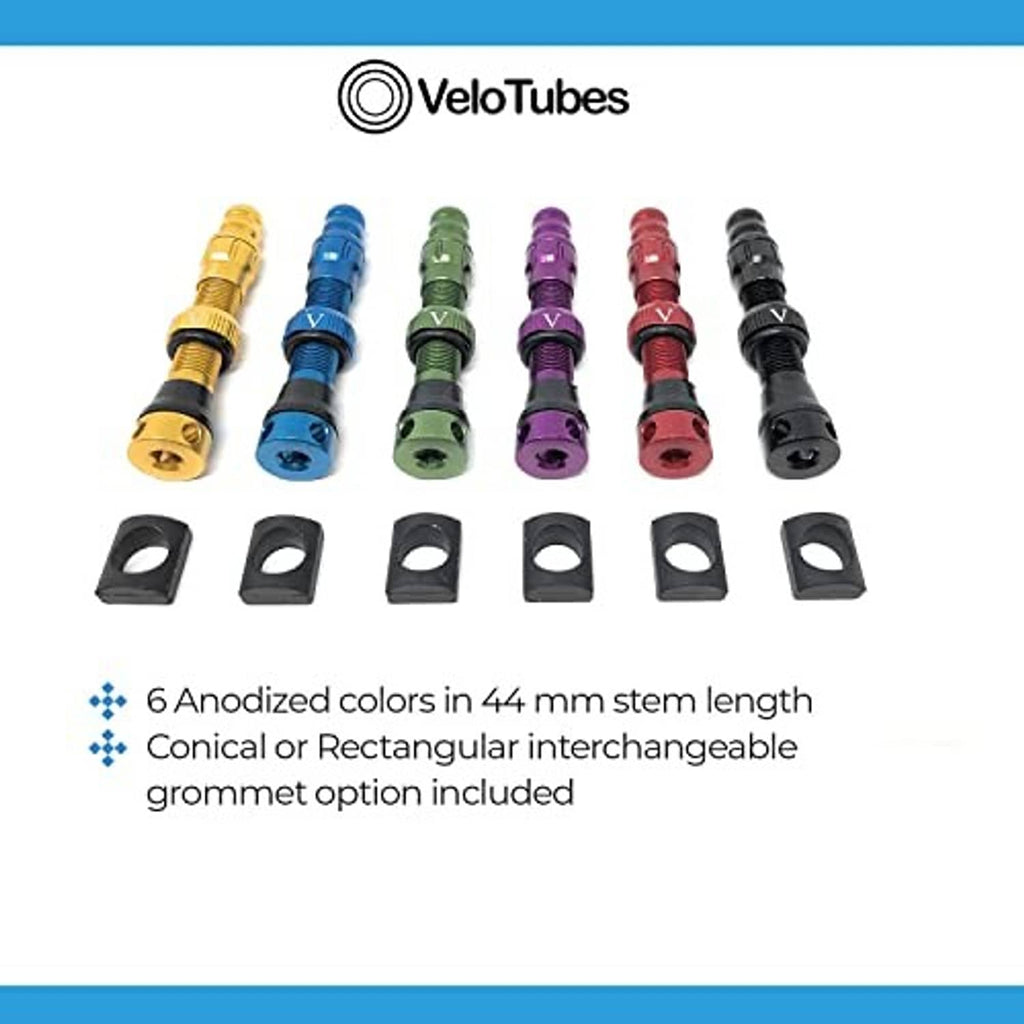 Anodized 44 mm tubeless Schrader valves in mixed colors with rectangular grommets