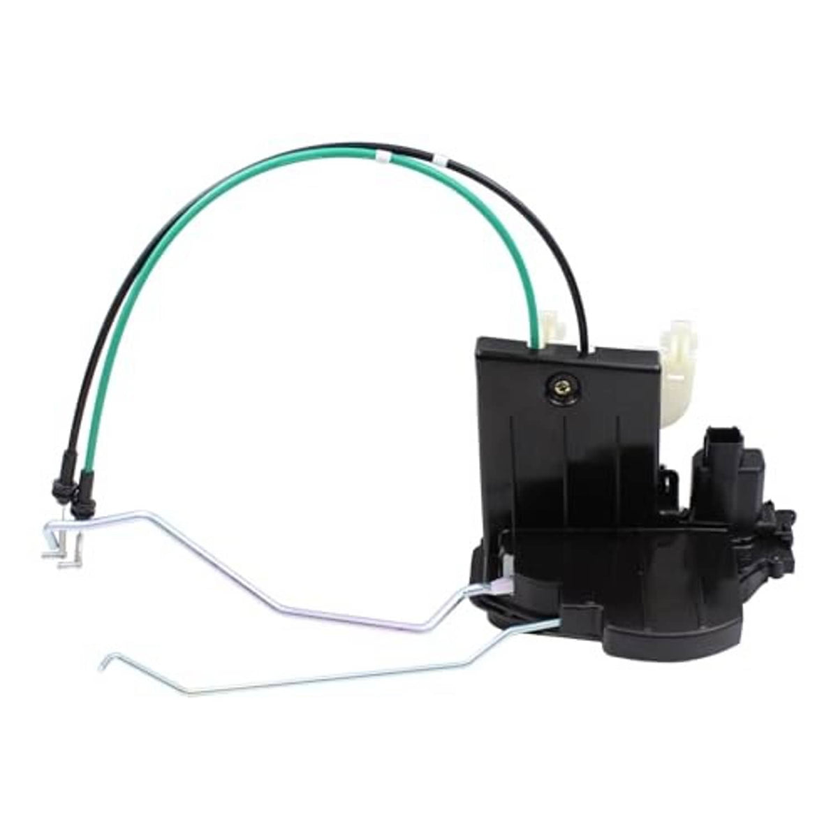 Door lock latch actuator with black housing, green wire loop, and two metal linkage pieces