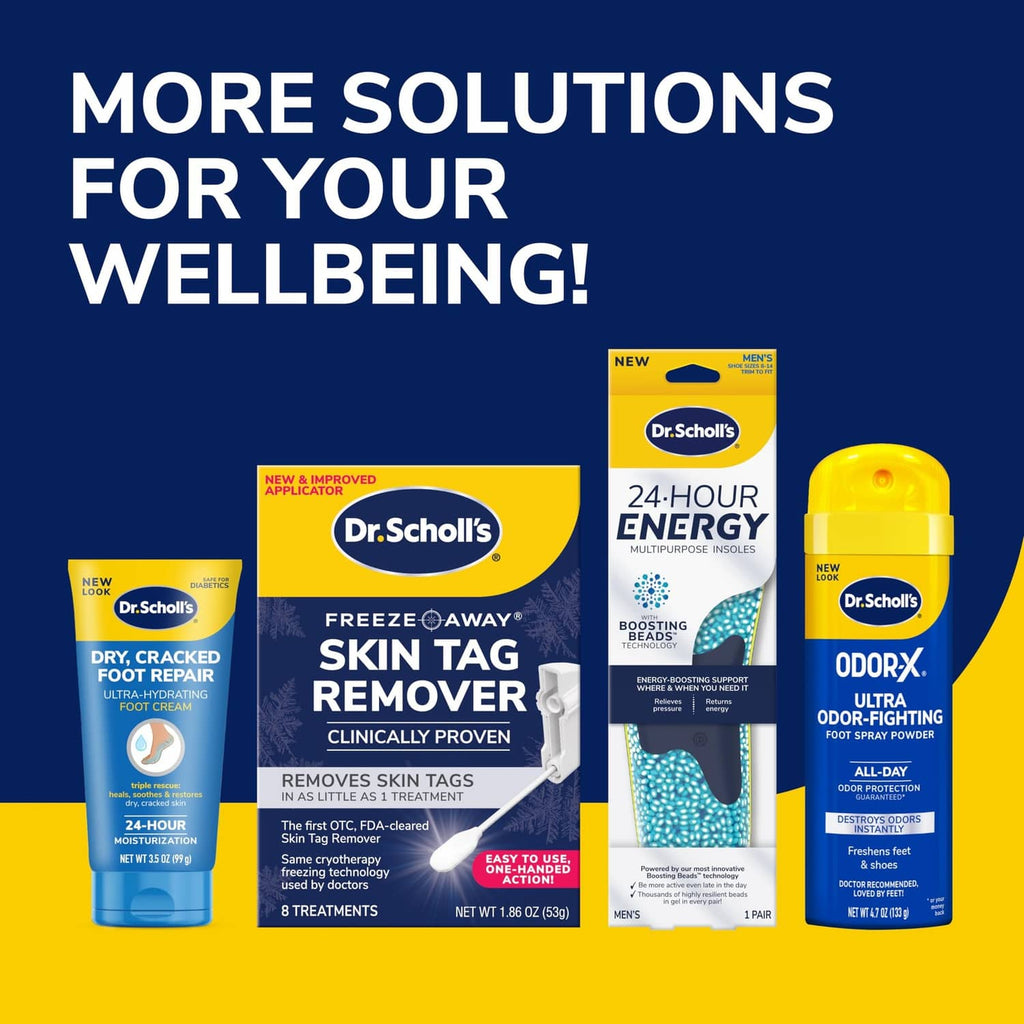 Dr. Scholl's® wellness product lineup with 24-hour energy and odor control items