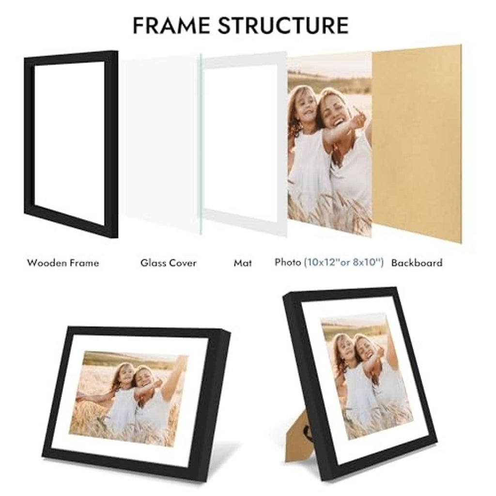 Black 10x12 picture frame parts: wooden frame, glass cover, mat, and backboard