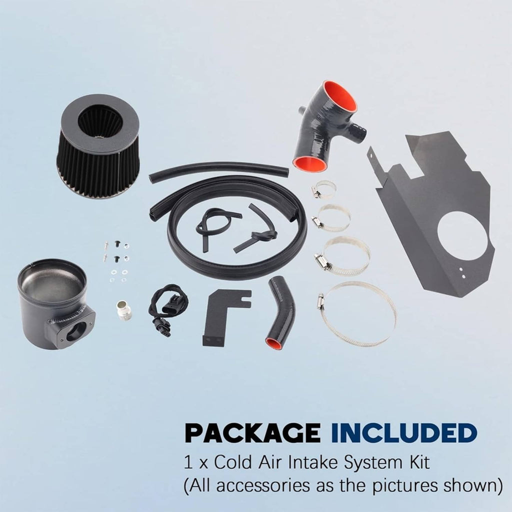 Cold air intake system kit parts: black cone filter, tubing, clamps, and red outlet