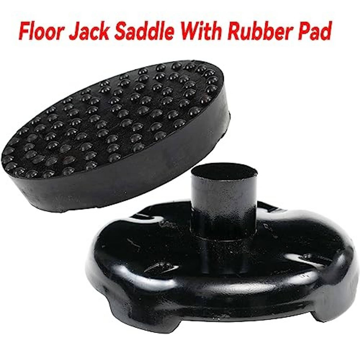 Floor jack saddle with black rubber pad and central post