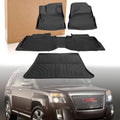 Black rubber floor mats set with ridged channels and raised logo cutouts