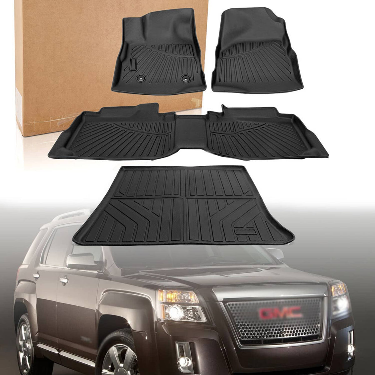 Black rubber floor mats set with ridged channels and raised logo cutouts