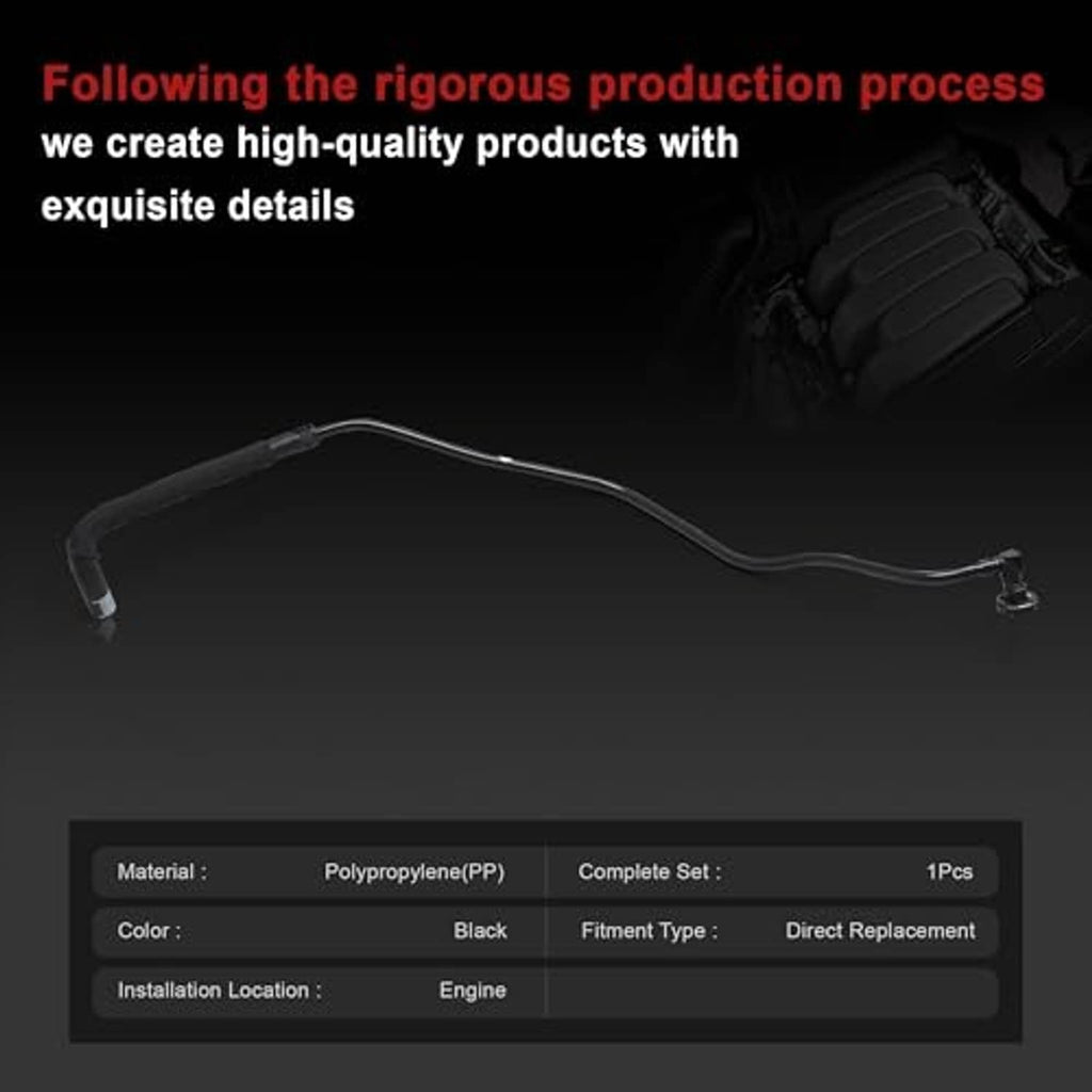 Engine coolant hose with curved shape and small metal end fittings, black.