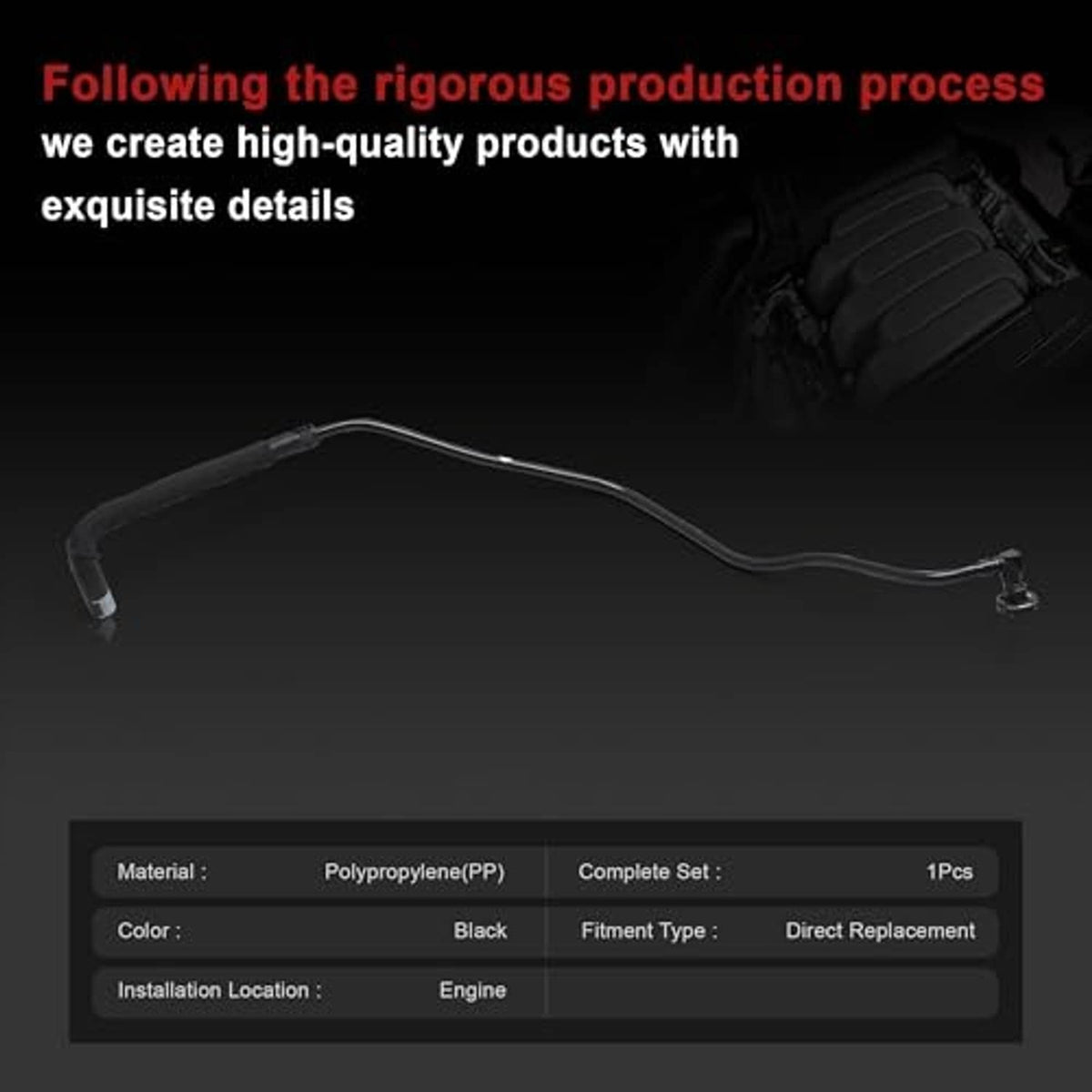 Engine coolant hose with curved shape and small metal end fittings, black.