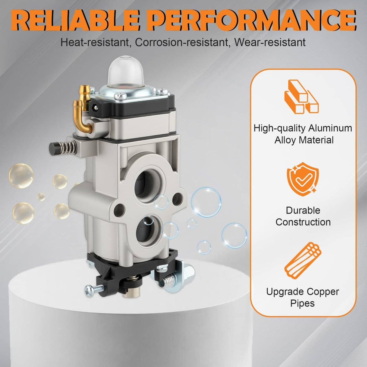Aluminum carburetor assembly with air inlet ports and fuel line connection