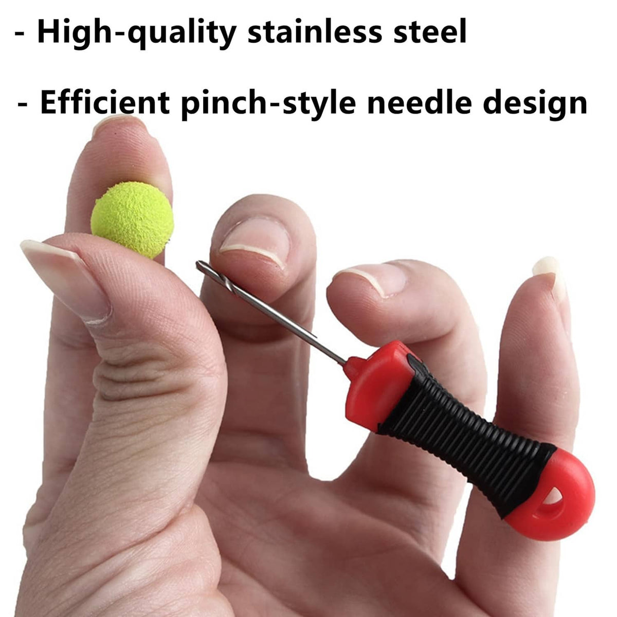 Stainless needle baiting tool with red-and-black handle piercing bait