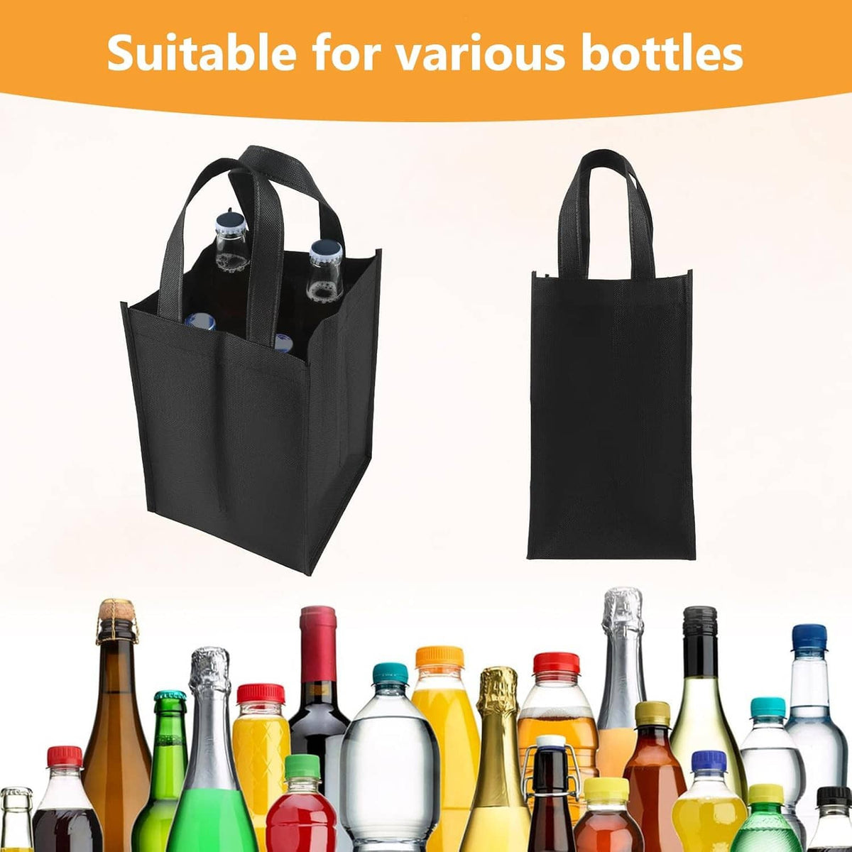 Black reusable wine tote bag with carry handles, designed with bottle compartments
