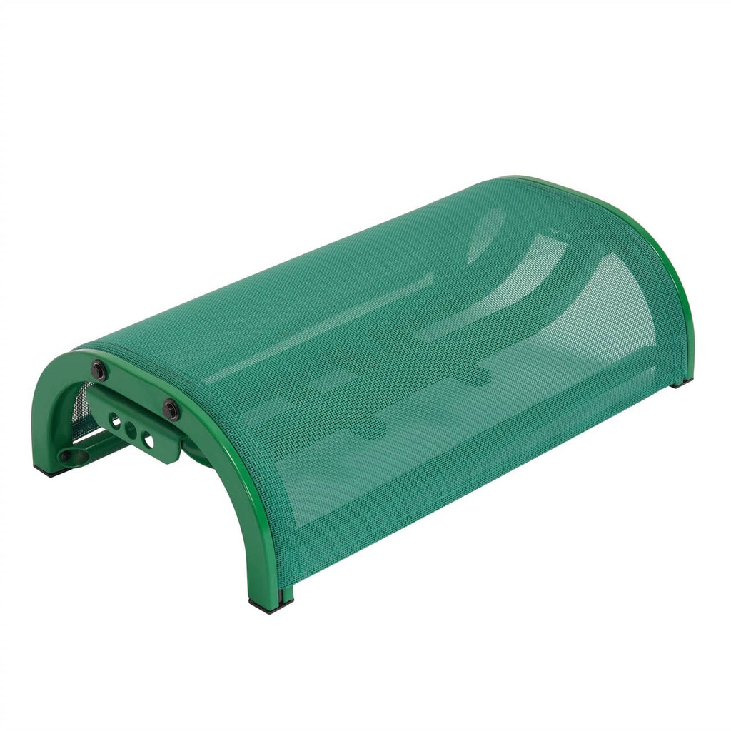 Green mesh boat seat with rounded end caps and curved frame, three-bolt mount plate.