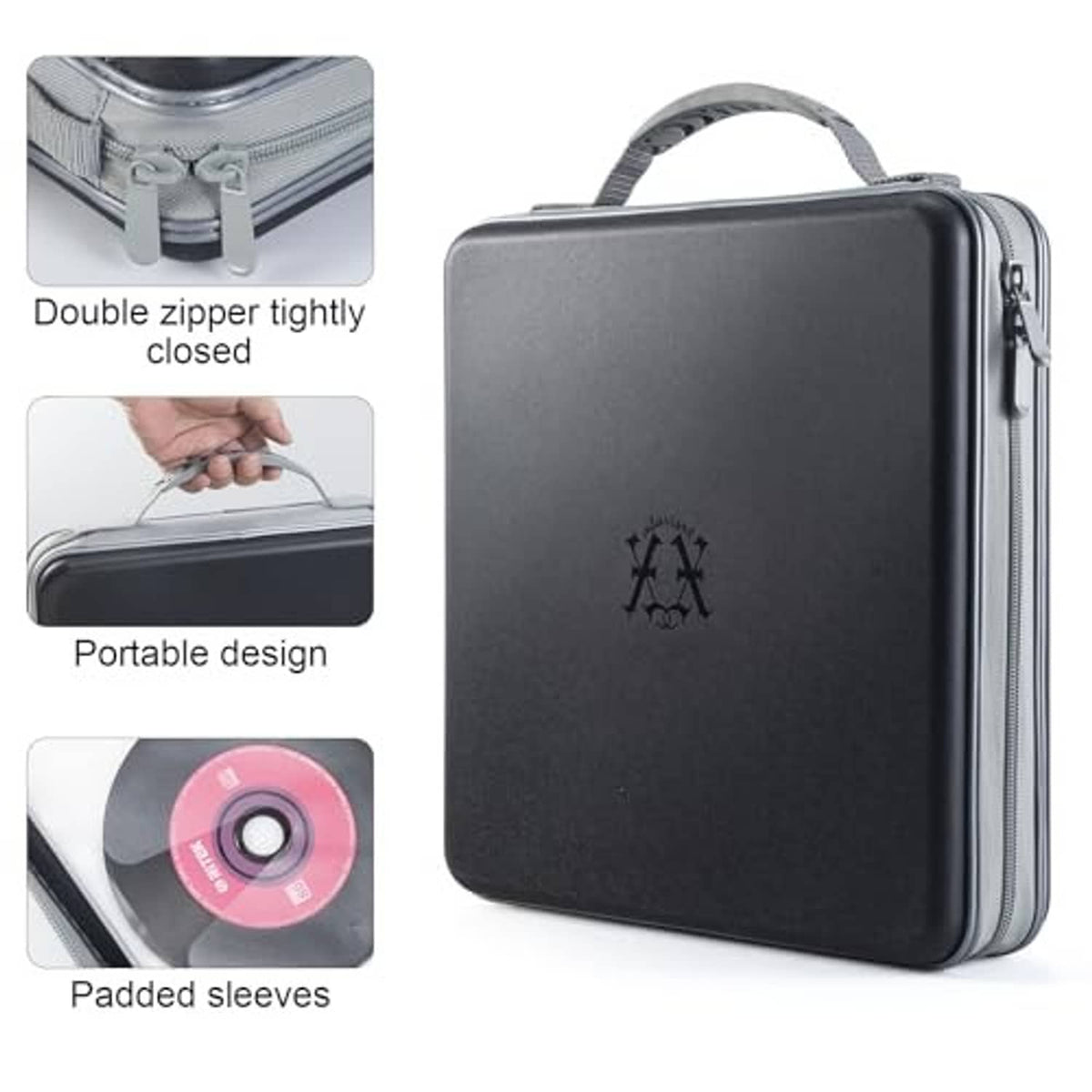 Black zippered CD storage case with double zipper and padded disc sleeves