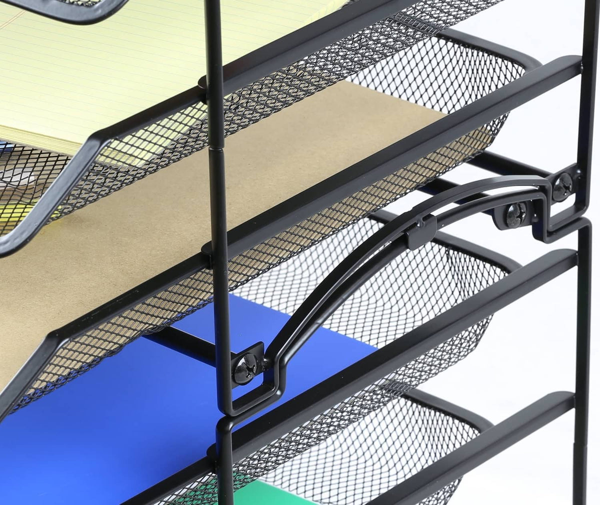 Sliding tray rail detail on black mesh 3-tier document organizer