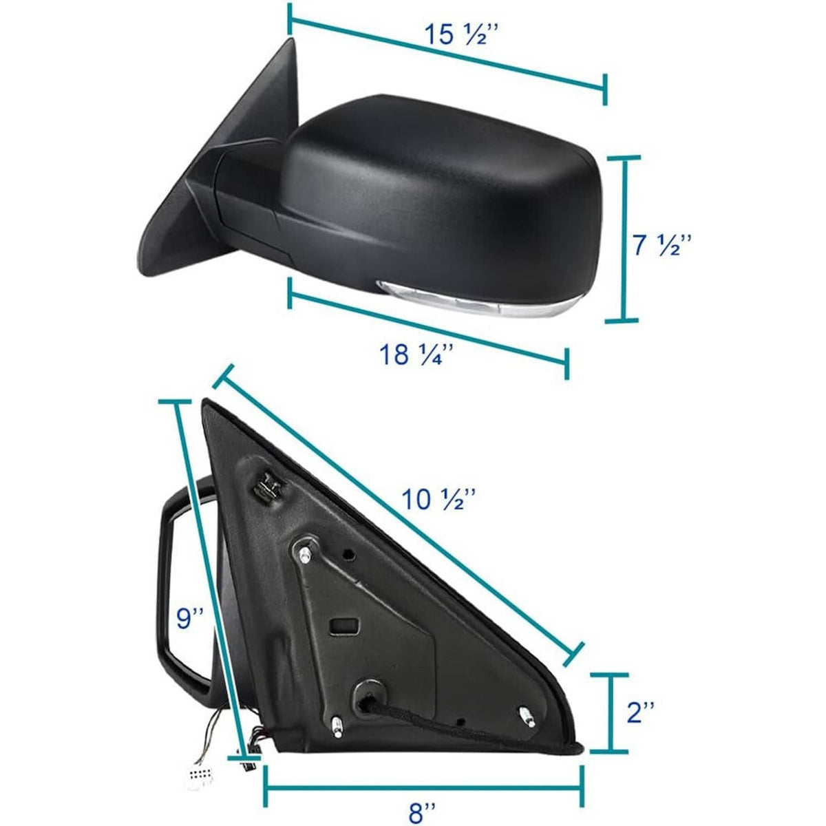 Black power folding side mirror with mounting panel and cover, shown with size measurements