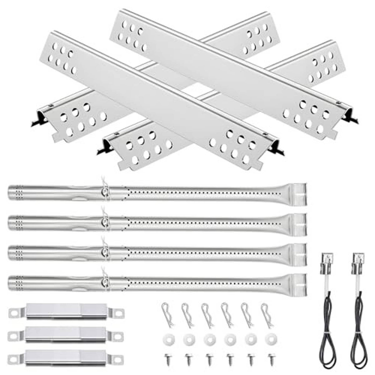 Stainless grill burner tube set with crossover bars, fasteners, and two igniter wires