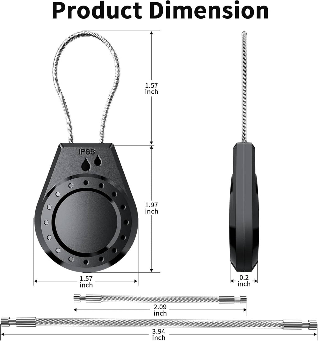 Waterproof lockable AirTag holder dimensions diagram with black body and steel cable