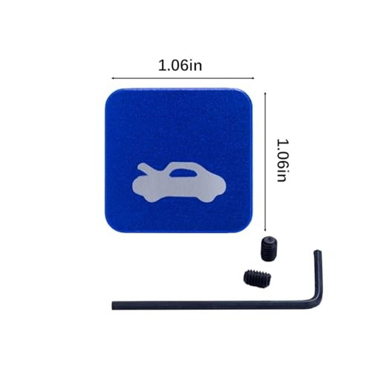 Blue hood release handle plate with car icon; includes screws and hex key