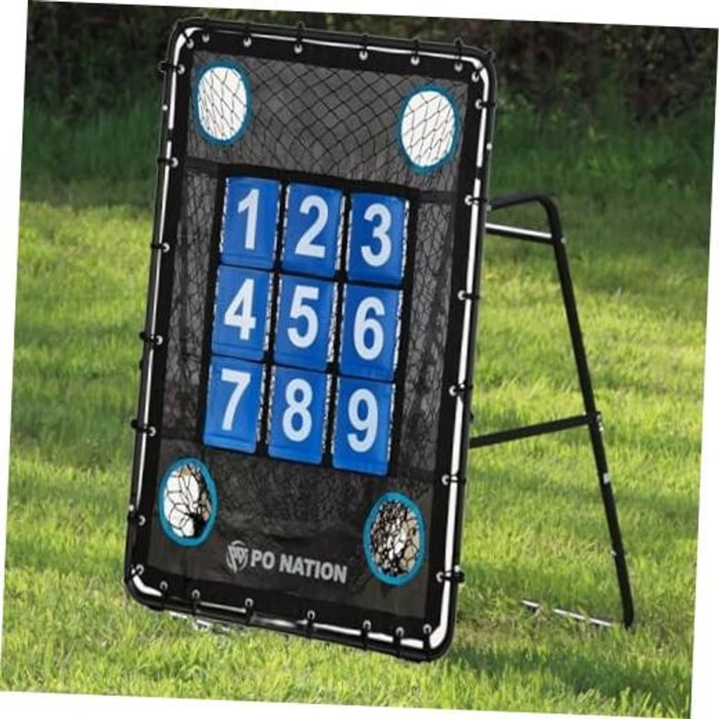 Baseball pitching net with black mesh and blue 1–9 strike zone target grid