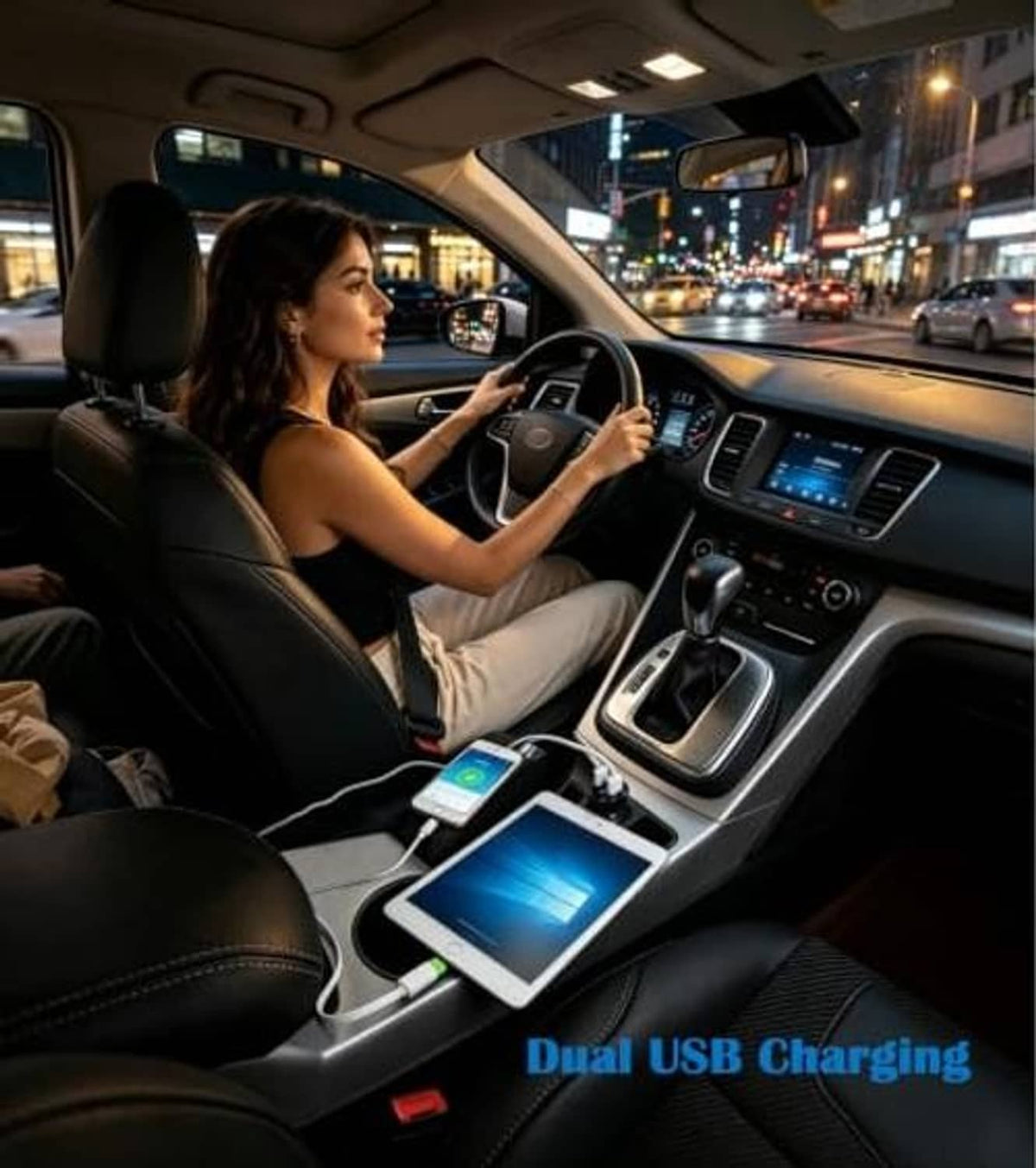 Dual USB car charger plugged into the dashboard outlet with blue-lit display