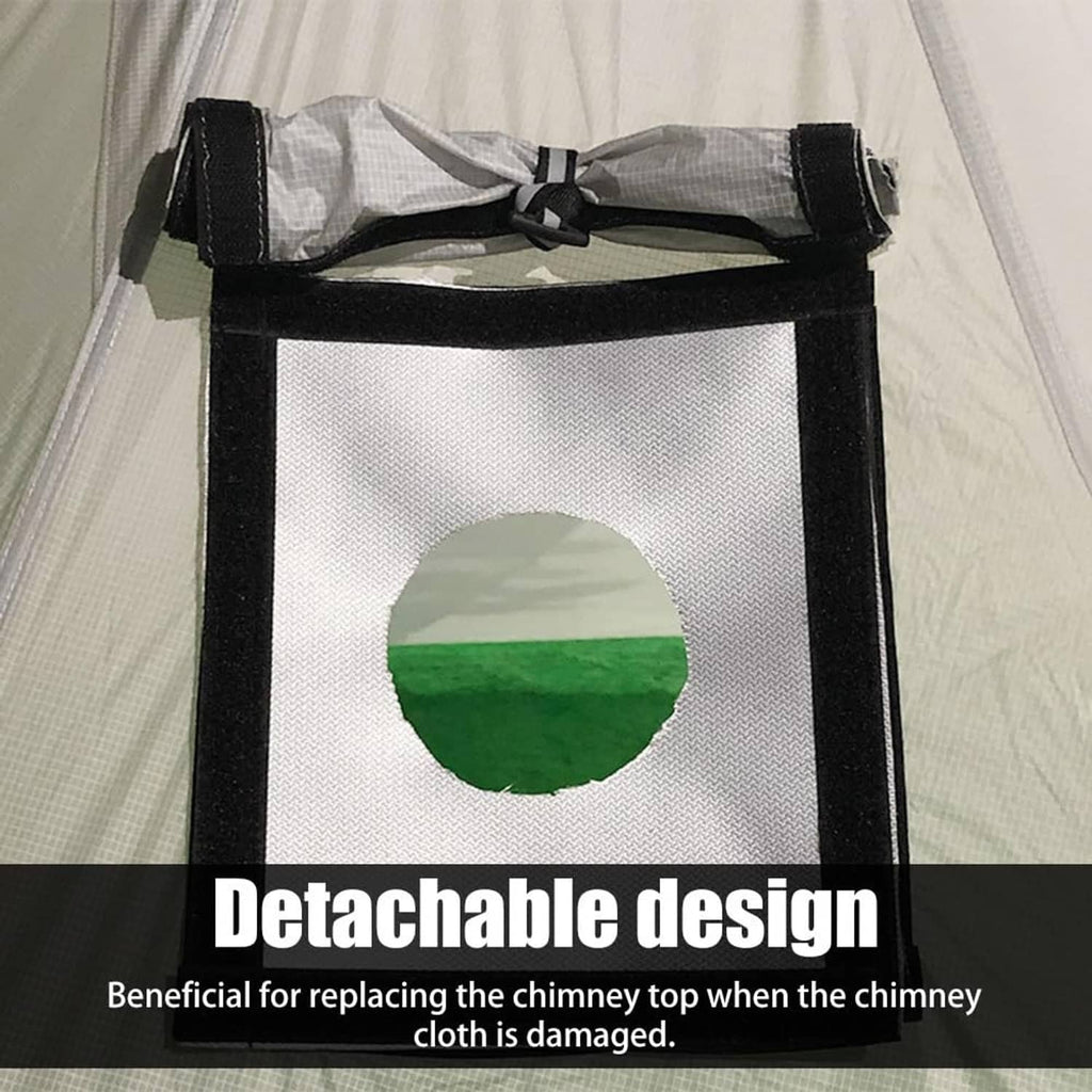 Tent stove jack with circular chimney hole opening and detachable top straps
