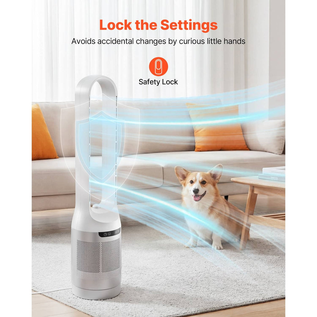 White bladeless tower fan with front controls and safety lock indicator