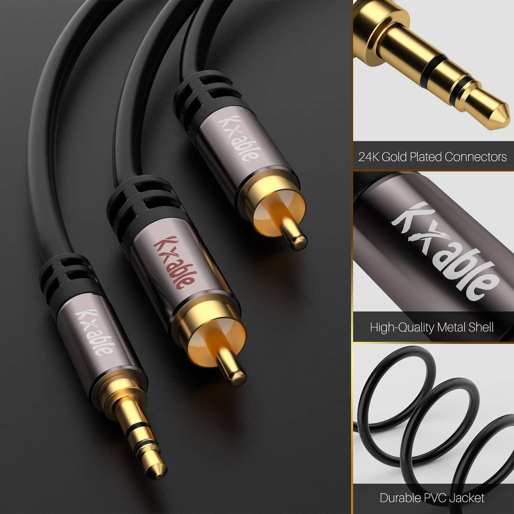 Stereo 3.5mm and dual RCA connectors with gold-plated tips and metal shells