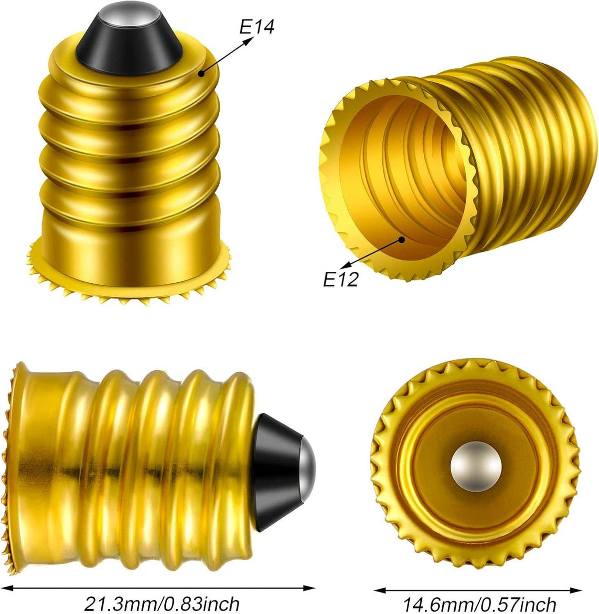 E14-to-E12 lamp adapter converter set with labeled sockets, gold ribbed design