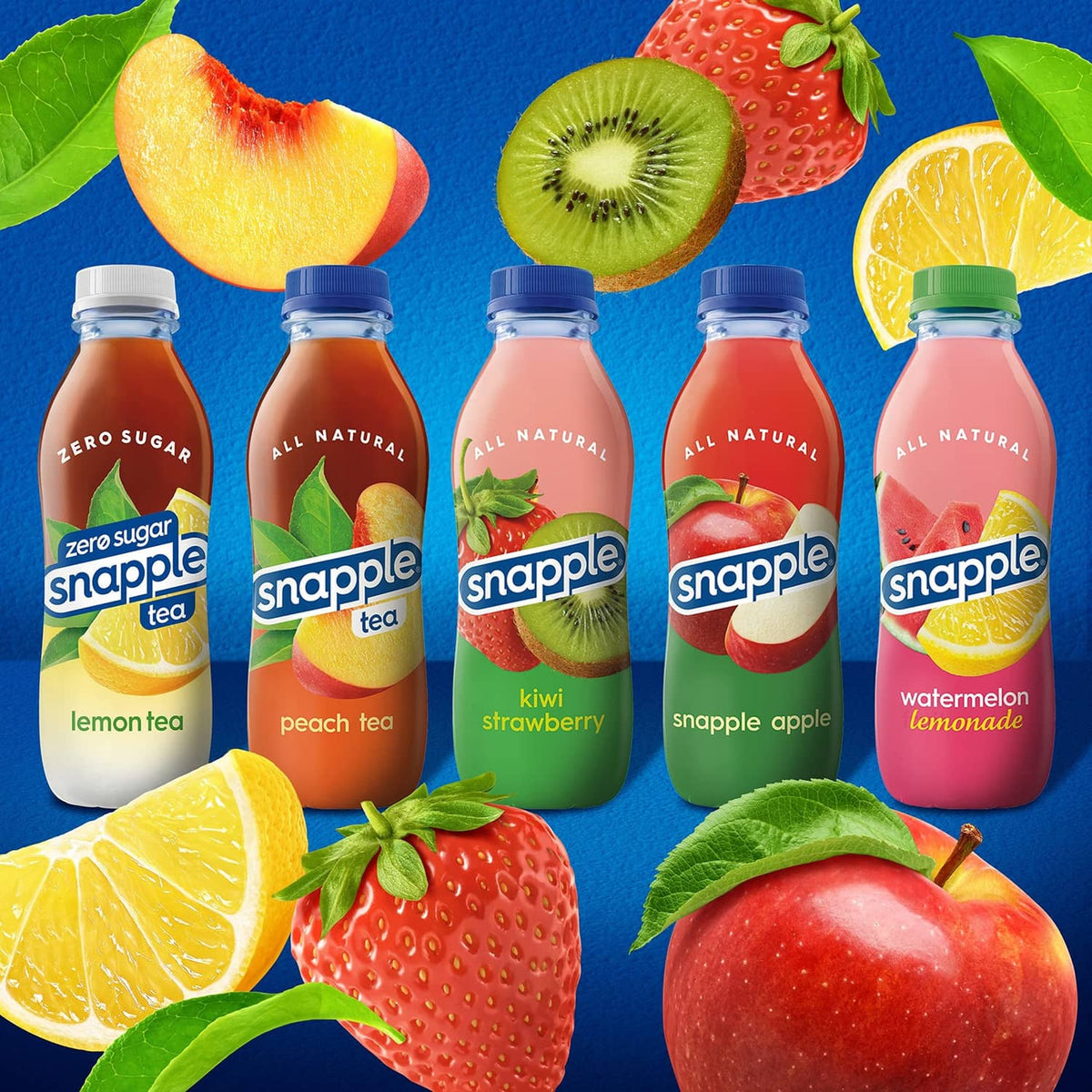 Snapple assorted juice drink bottles with blue caps; fruit flavors shown