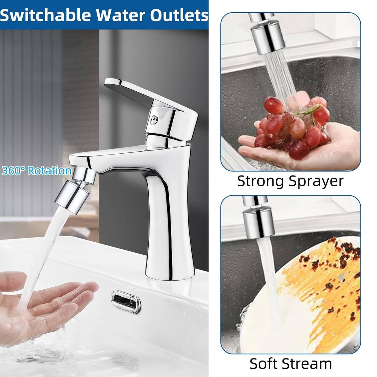 Chrome faucet aerator with switchable outlets, strong spray and soft stream