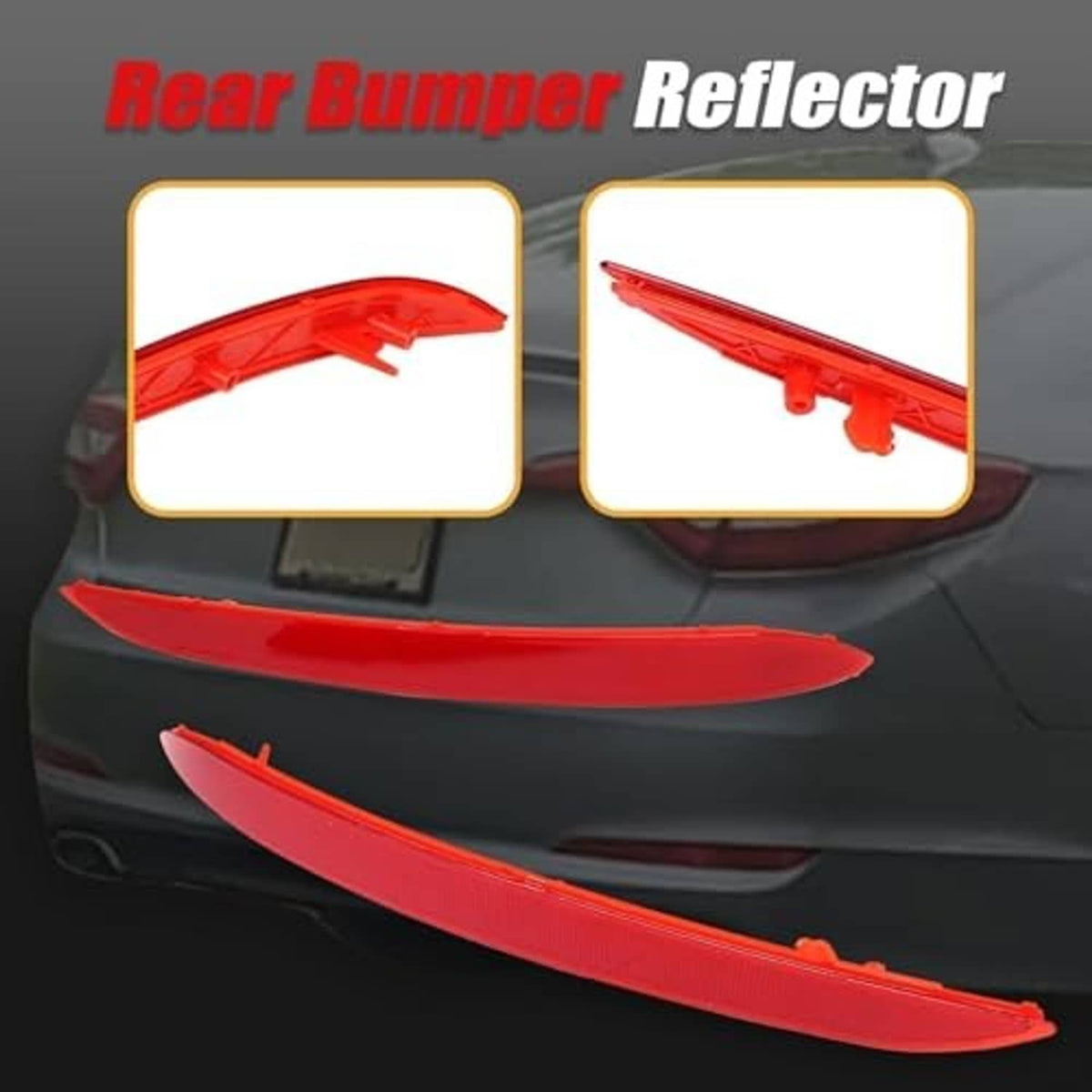 Red rear bumper reflector strip set shown on rear bumper of sedan