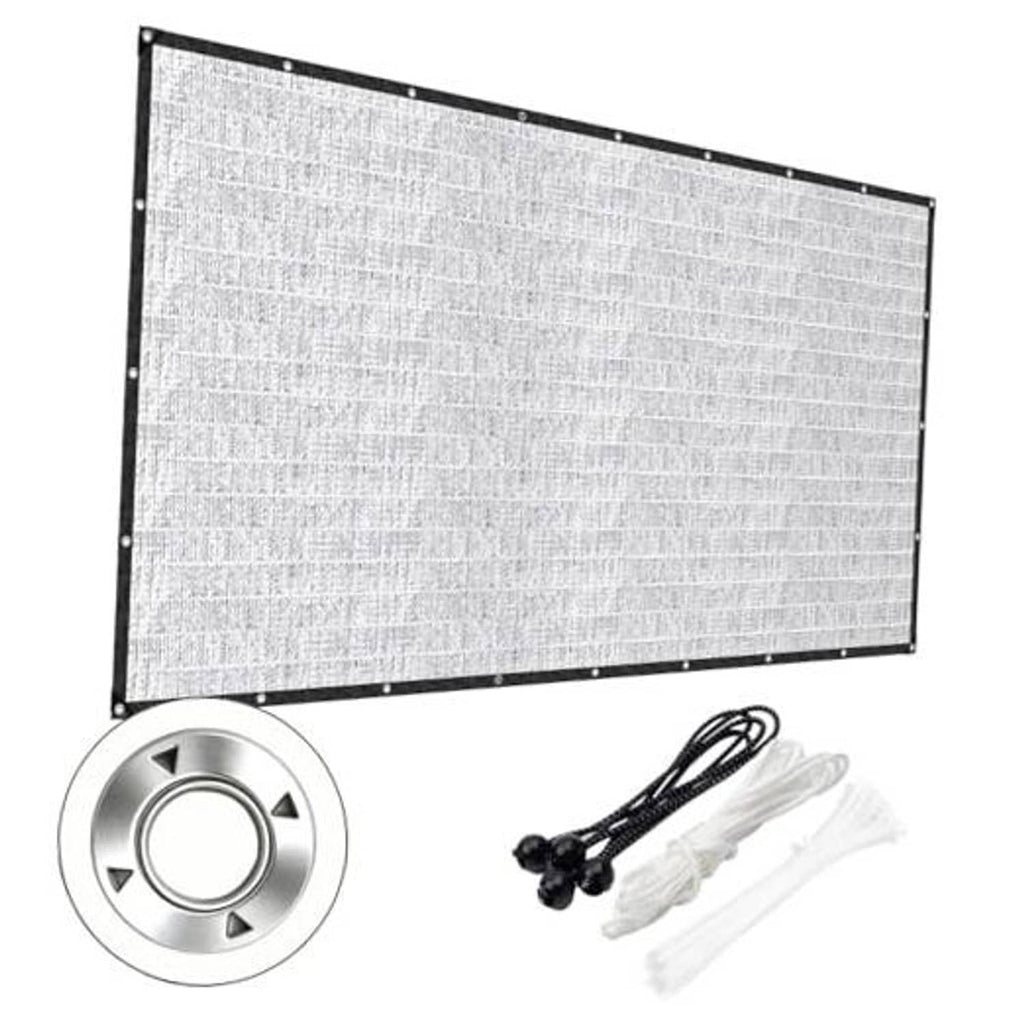 Shade cloth panel with metal grommets and tie cords, light gray reflective mesh