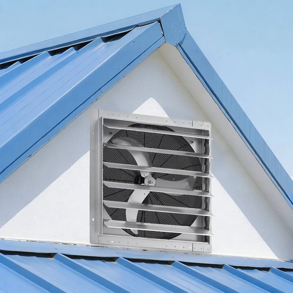 Wall-mounted shutter exhaust fan with silver housing and louvered shutters