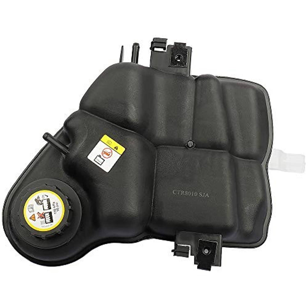 Black coolant overflow reservoir tank with cap, label, and mounting hardware