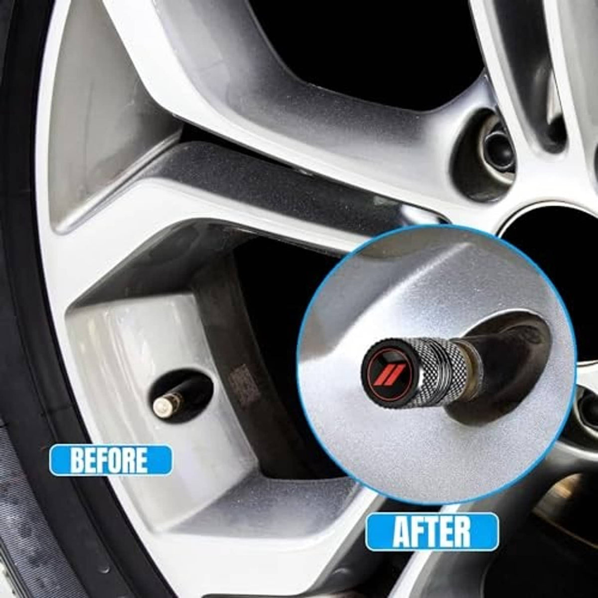 Black textured tire valve cap with red logo installed on a wheel rim