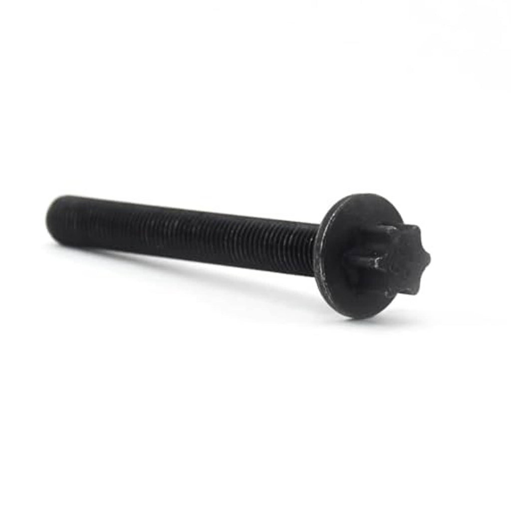 Black engine camshaft sprocket bolt with round head and serrated drive tip