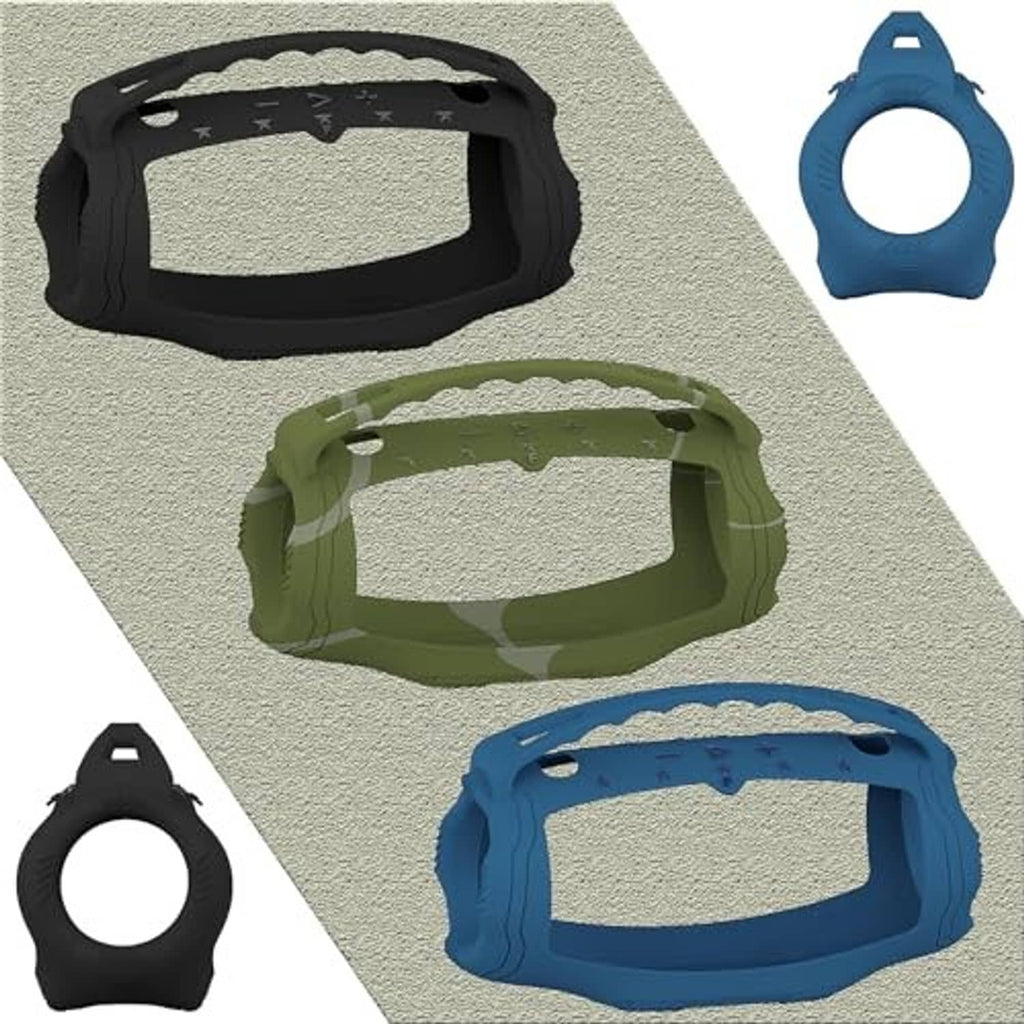 Silicone speaker cases in black, olive, and blue with matching handle cutouts