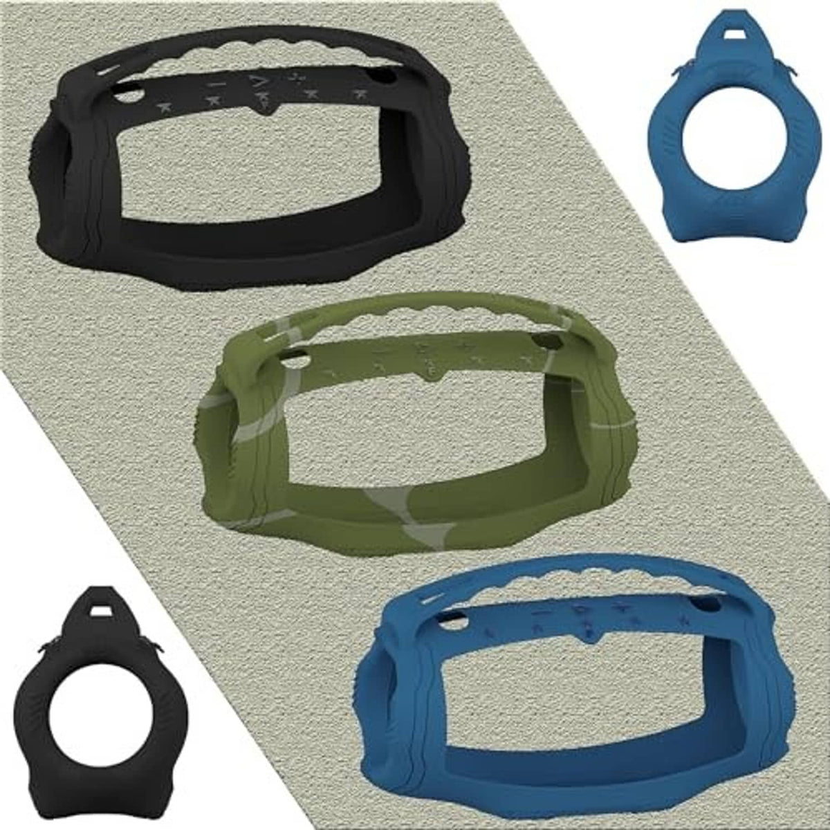 Silicone speaker cases in black, olive, and blue with matching handle cutouts