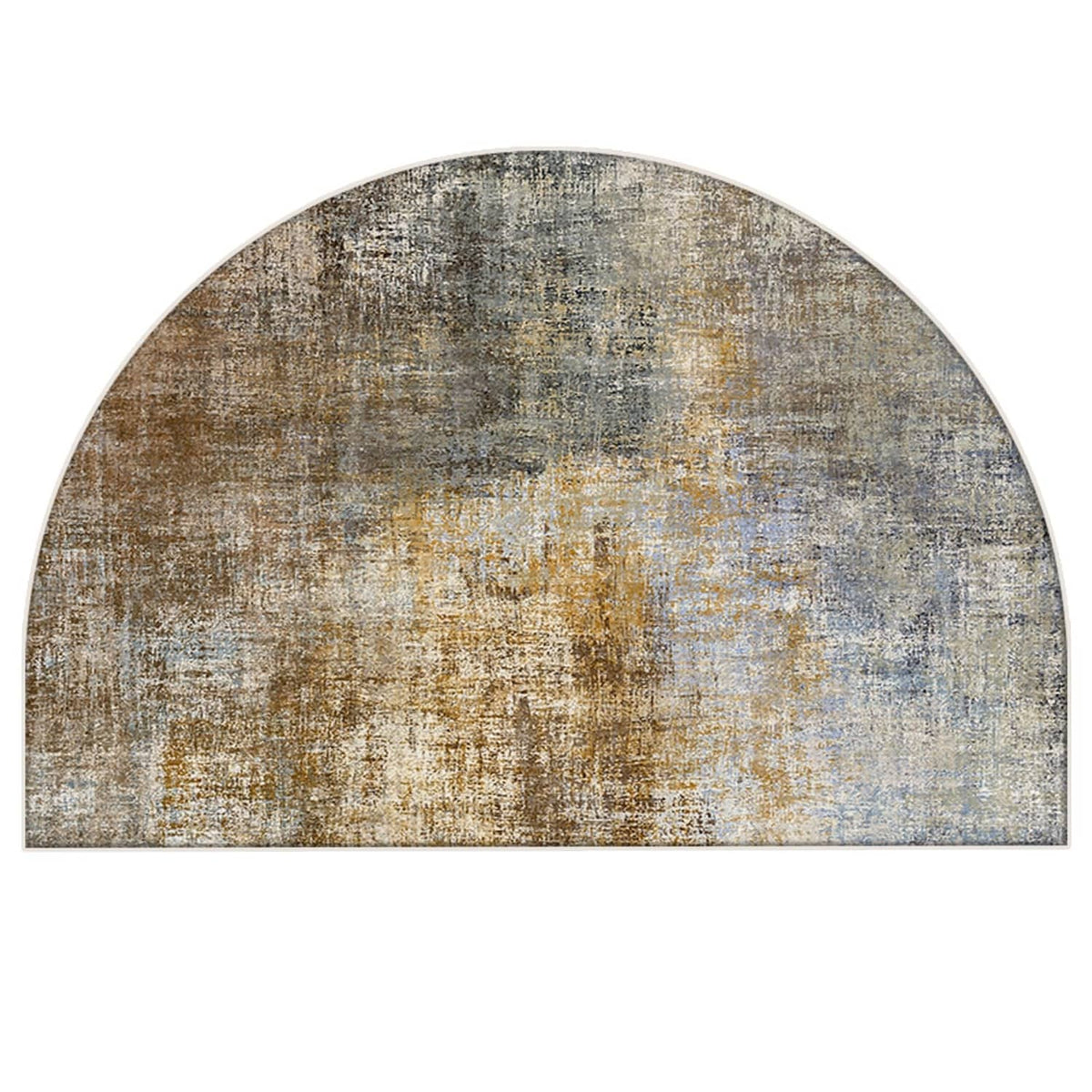 Semicircular doormat featuring mottled blue-gray and tan textured weave