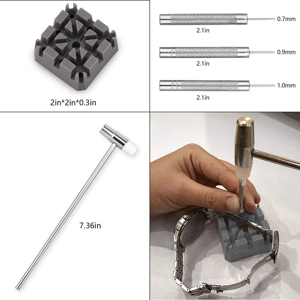 Watch tool set parts: hex pin block, long rods, and small pin handle pieces