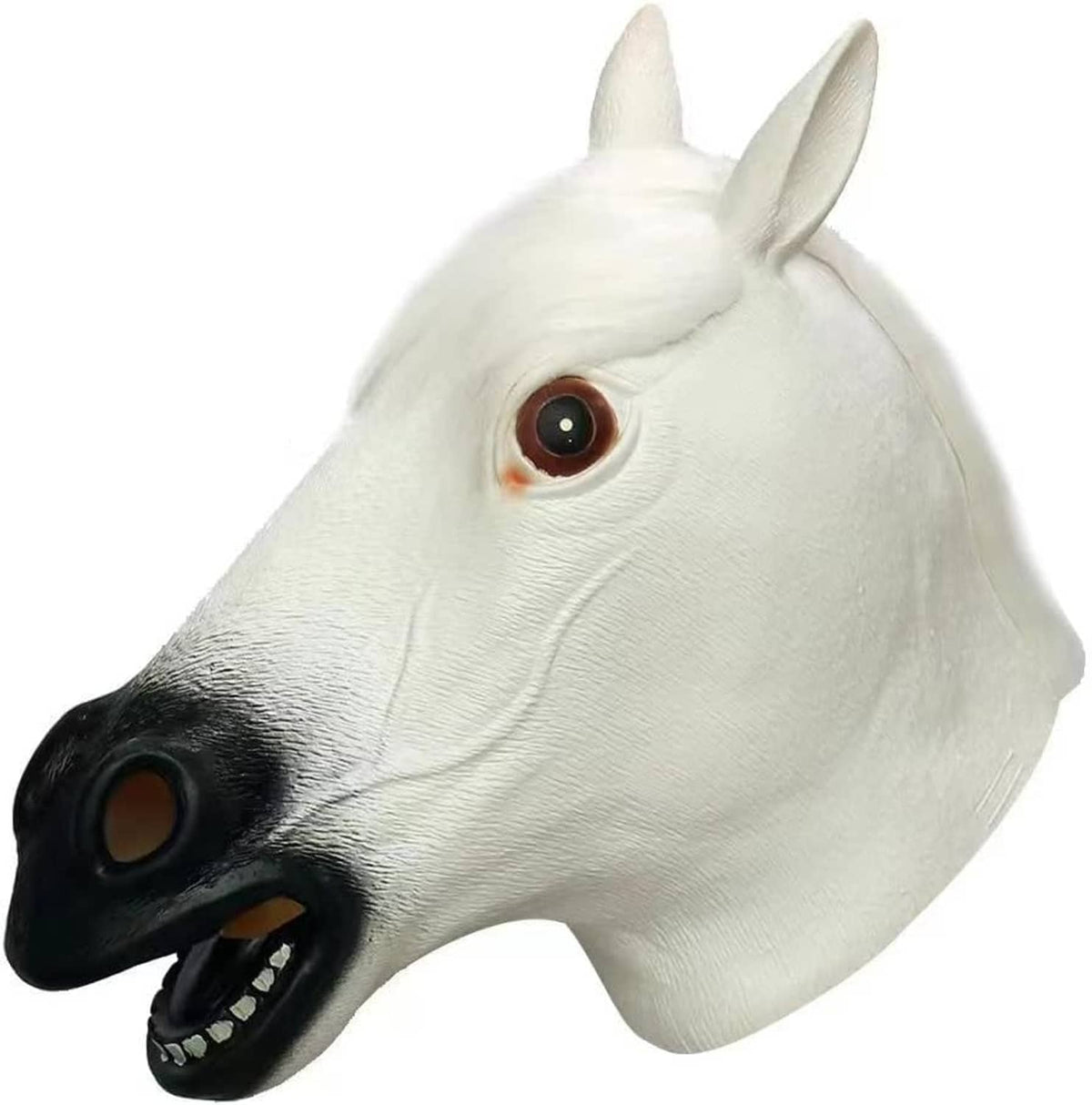 White horse latex head mask with brown eye, black snout, visible teeth and pointed ears