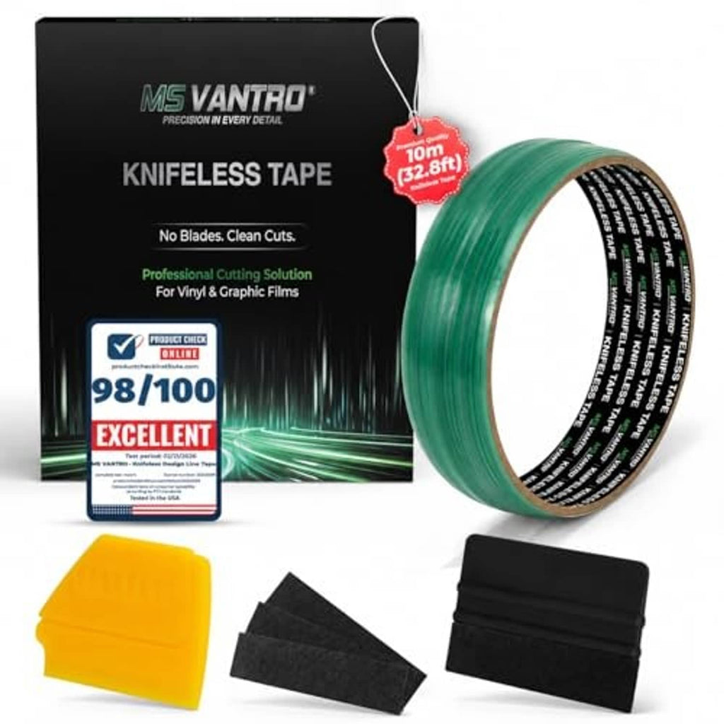 Knifeless tape roll set with green tape, black squeegee scraper, and yellow tool.