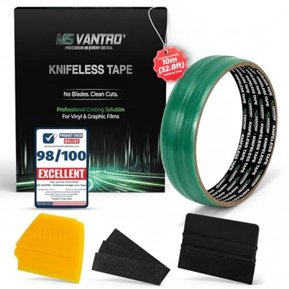 Knifeless tape roll set with green tape, black squeegee scraper, and yellow tool.