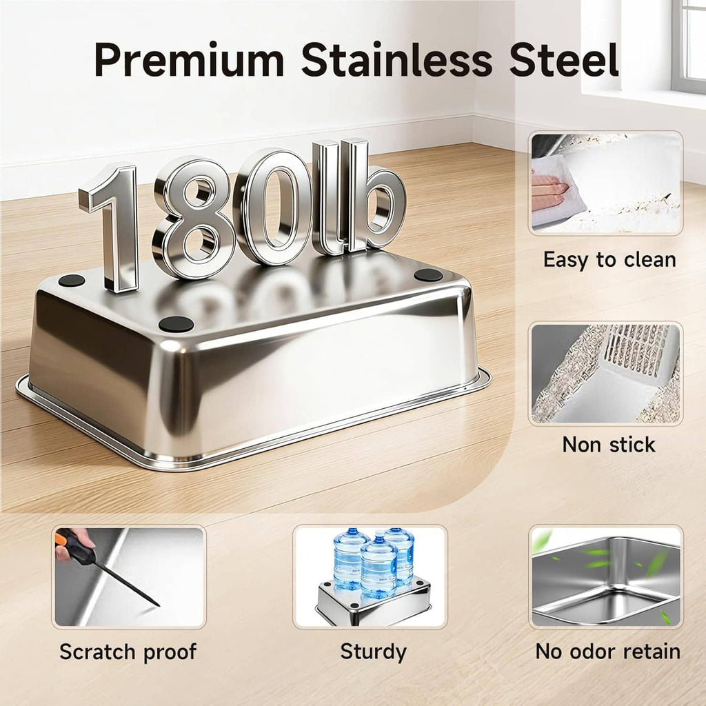 Stainless steel cat litter box base with easy-clean surface and non-slip feet