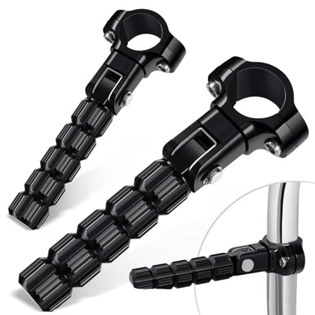 Pair of black CNC motorcycle foot pegs with serrated grip and round clamp hardware