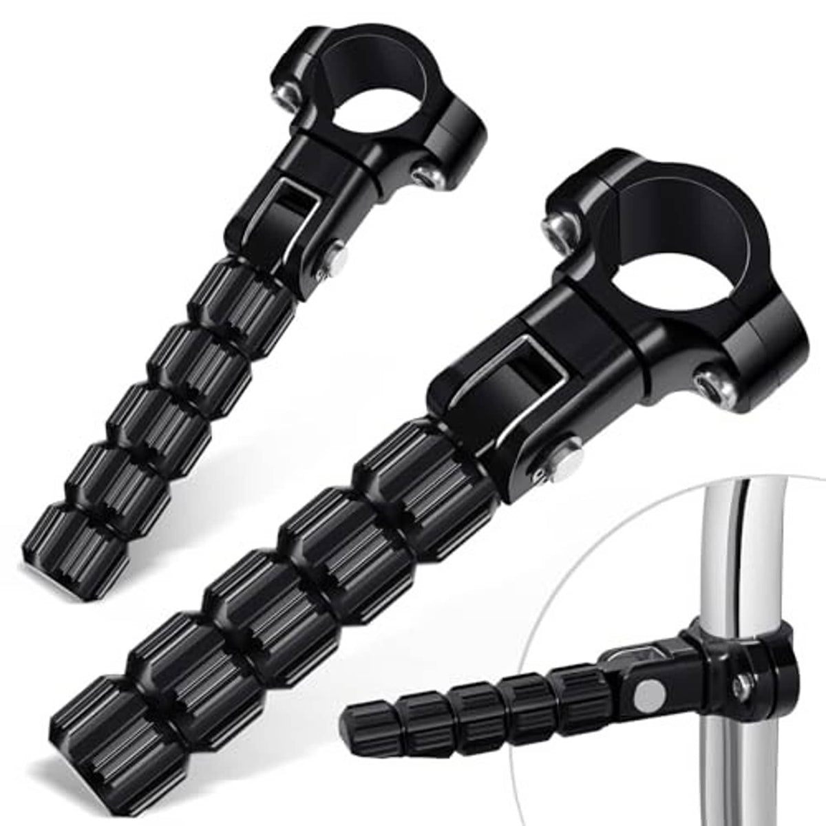Pair of black CNC motorcycle foot pegs with serrated grip and round clamp hardware