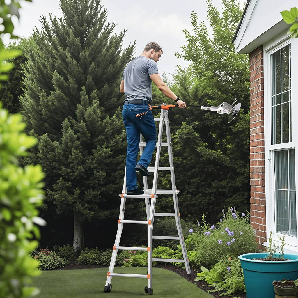 Gray A-frame extension ladder with orange accents, standing outdoors next to a house