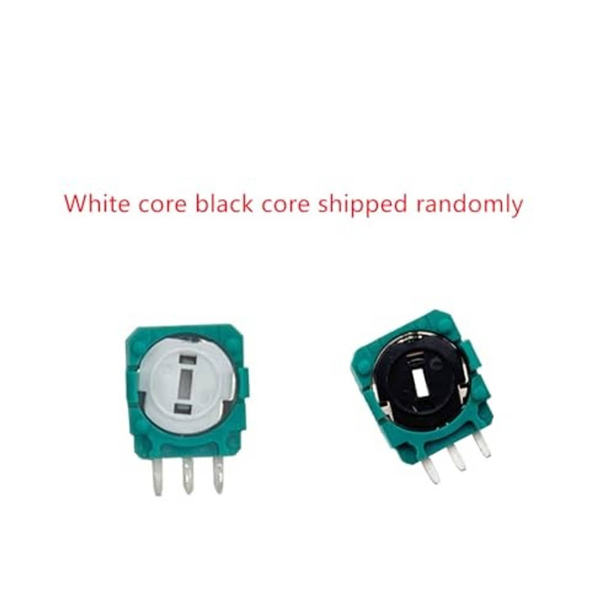 Teal potentiometers: one with white core and one with black core, three pins each