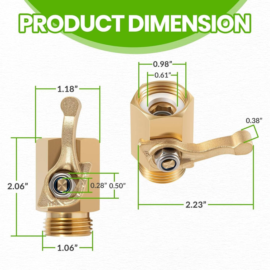 Brass shut-off valve with size diagram and threaded inlet/outlet openings